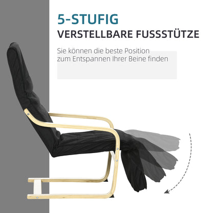 Armchair Living Room Recliner Lounge Chair Relax Chair with Armrests made of Birchwood, 5-position adjustable footrest, Reading Chair with Linen Look, Upholstered Chair for Bedroom, Black