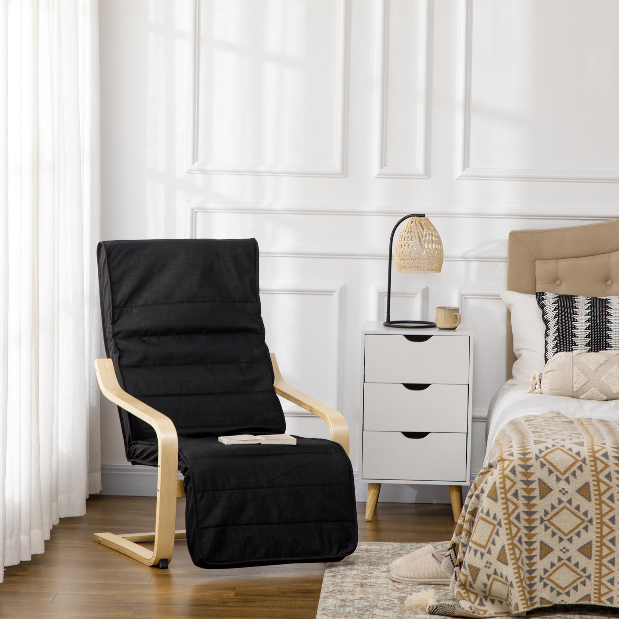 Armchair Living Room Recliner Lounge Chair Relax Chair with Armrests made of Birchwood, 5-position adjustable footrest, Reading Chair with Linen Look, Upholstered Chair for Bedroom, Black