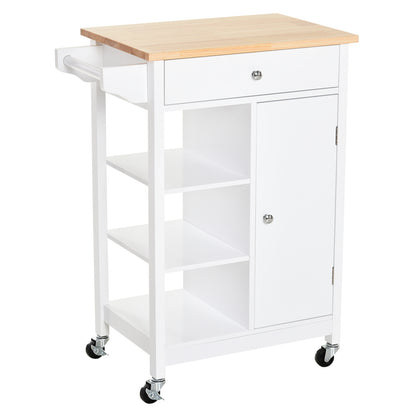 Kitchen Cart Auxiliary Trolley with Wheels 1 Drawer 1 Cabinet 3 Open Shelves Storage for Dining Room 66x39.5x86.5 cm White