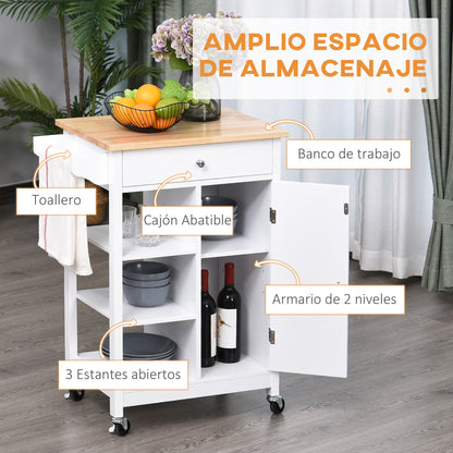 Kitchen Cart Auxiliary Trolley with Wheels 1 Drawer 1 Cabinet 3 Open Shelves Storage for Dining Room 66x39.5x86.5 cm White