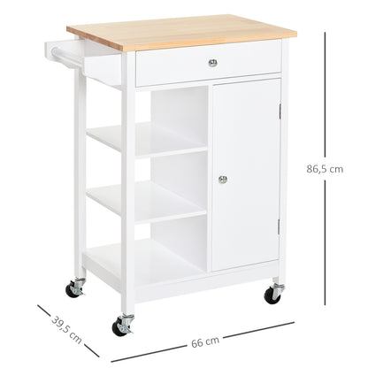 Kitchen Cart Auxiliary Trolley with Wheels 1 Drawer 1 Cabinet 3 Open Shelves Storage for Dining Room 66x39.5x86.5 cm White