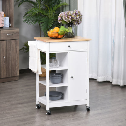 Kitchen Cart Auxiliary Trolley with Wheels 1 Drawer 1 Cabinet 3 Open Shelves Storage for Dining Room 66x39.5x86.5 cm White