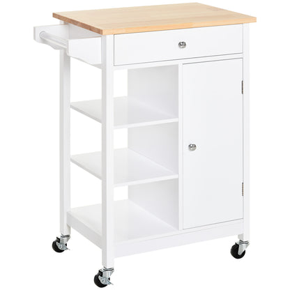 Kitchen Cart Auxiliary Trolley with Wheels 1 Drawer 1 Cabinet 3 Open Shelves Storage for Dining Room 66x39.5x86.5 cm White