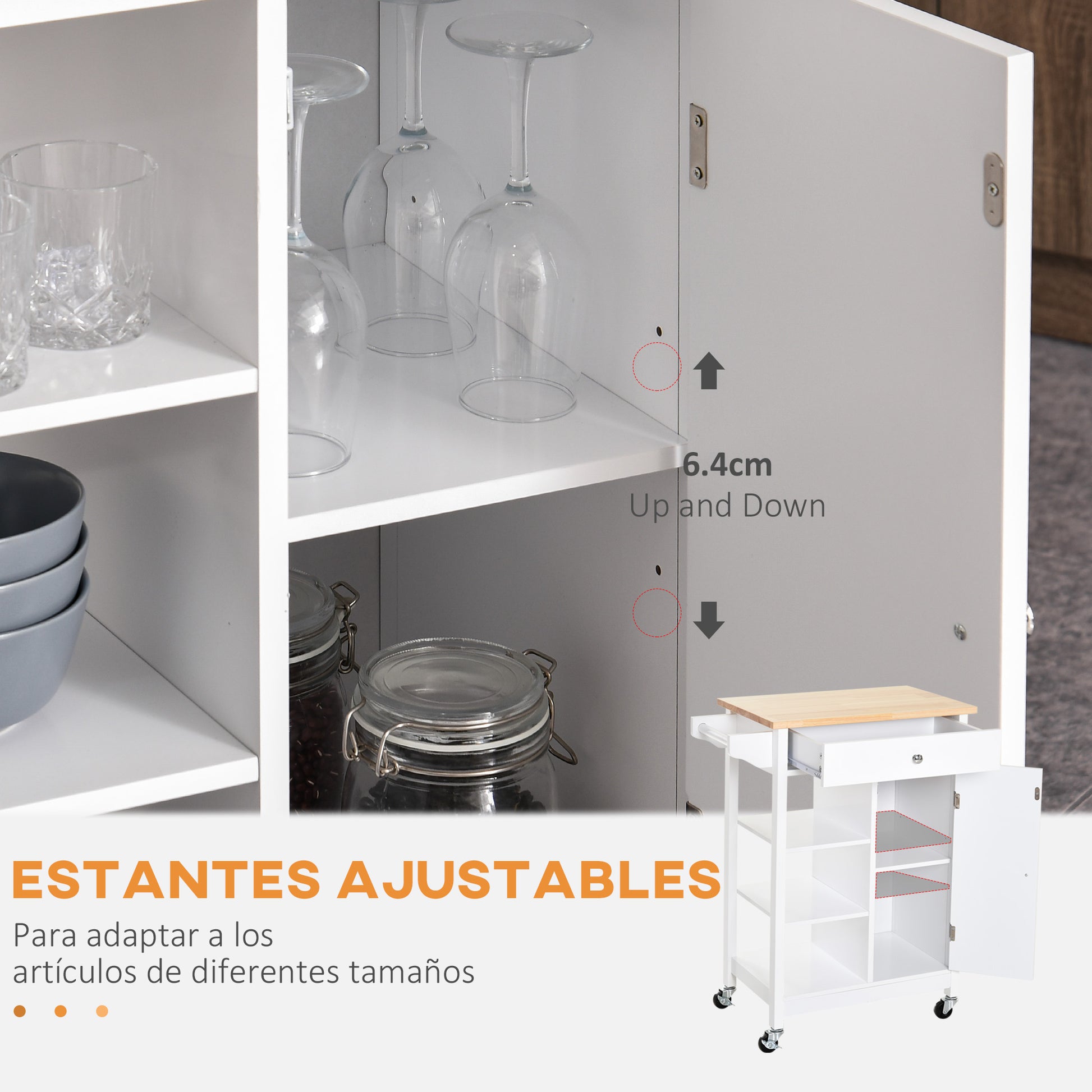 Kitchen Cart Auxiliary Trolley with Wheels 1 Drawer 1 Cabinet 3 Open Shelves Storage for Dining Room 66x39.5x86.5 cm White