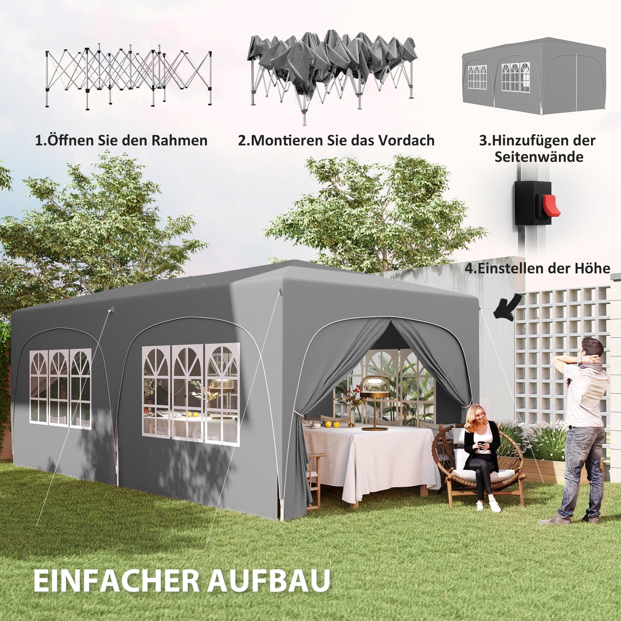 Pavilion approx. 3x6m, water-resistant Stable Winterproof Pop-up Folding Pavilion, UV Protection 50+, Foldable Party Tent Garden Tent with 6 Side Parts Bag Garden Pavilion for Camping Garden, Light Gray