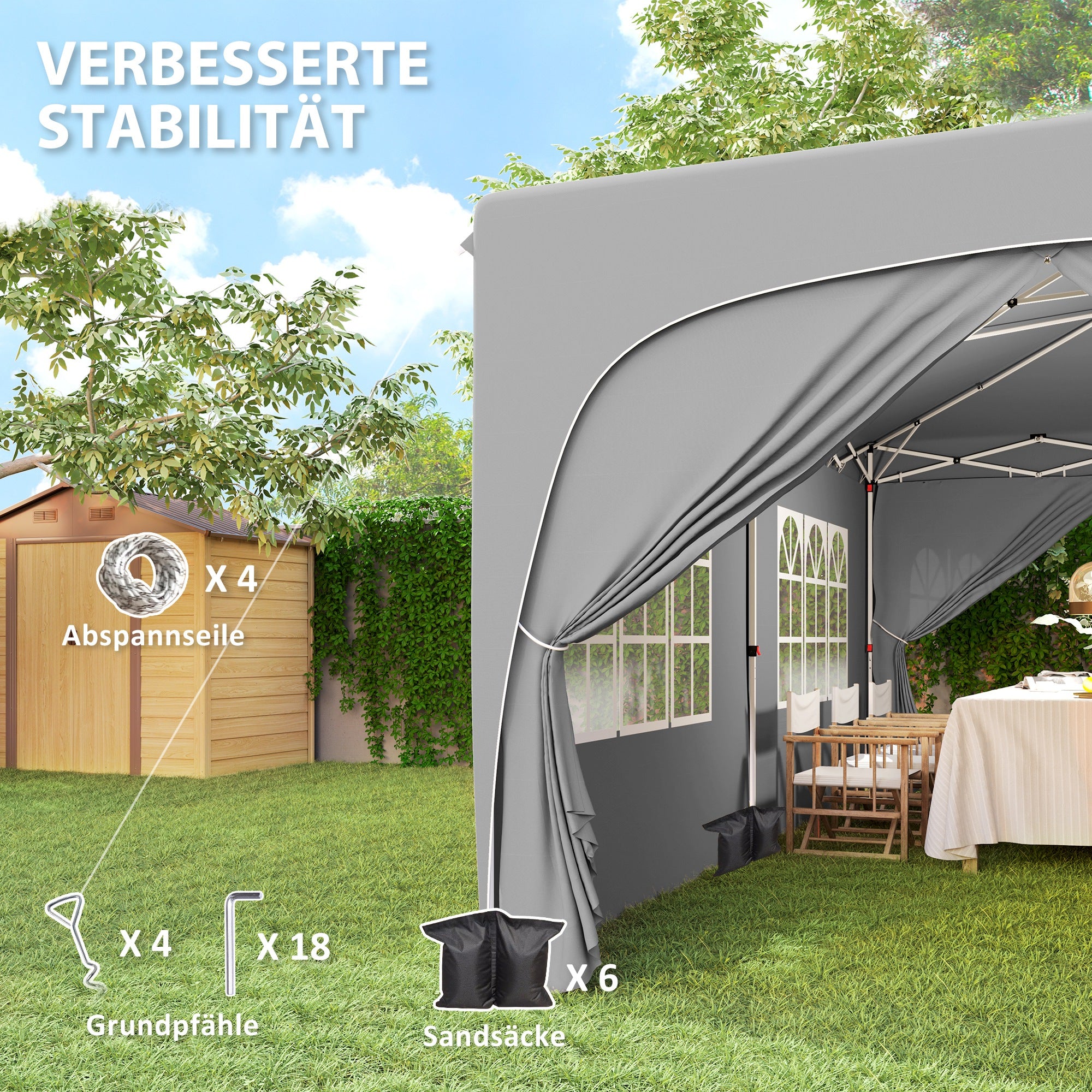 Pavilion approx. 3x6m, water-resistant Stable Winterproof Pop-up Folding Pavilion, UV Protection 50+, Foldable Party Tent Garden Tent with 6 Side Parts Bag Garden Pavilion for Camping Garden, Light Gray