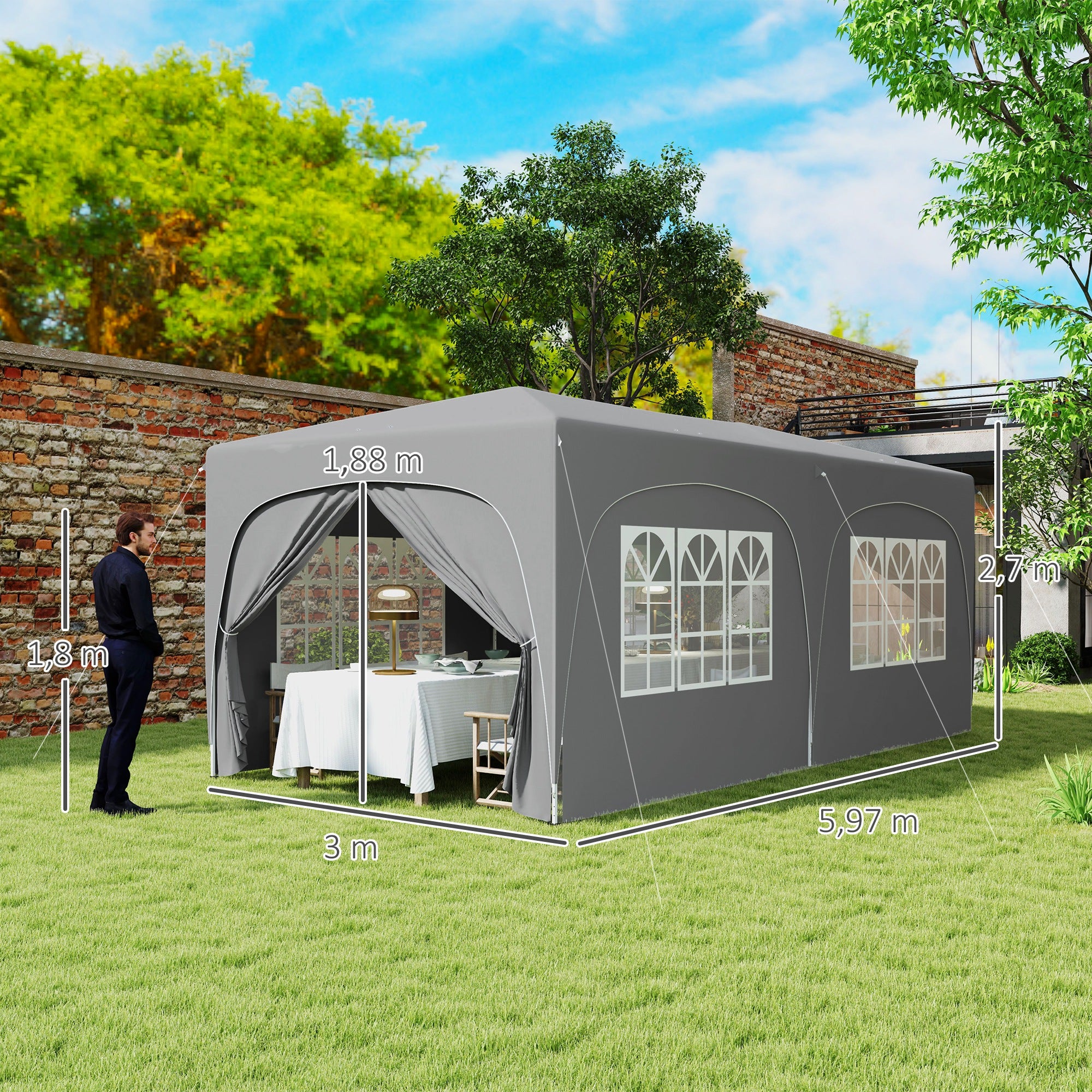 Pavilion approx. 3x6m, water-resistant Stable Winterproof Pop-up Folding Pavilion, UV Protection 50+, Foldable Party Tent Garden Tent with 6 Side Parts Bag Garden Pavilion for Camping Garden, Light Gray