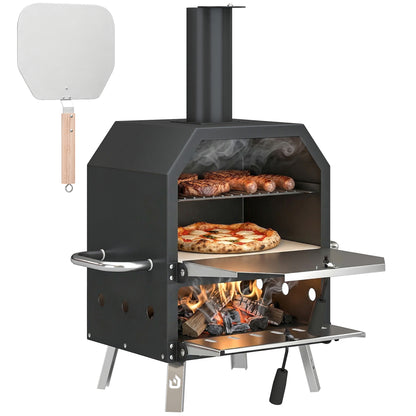 Outdoor Wood-Fired Pizza Oven, Stainless Steel, 2-Tier with 1 cm Thick Pizza Stone, Folding Legs & Pizza Peel – Portable for Camping, Garden, Parties