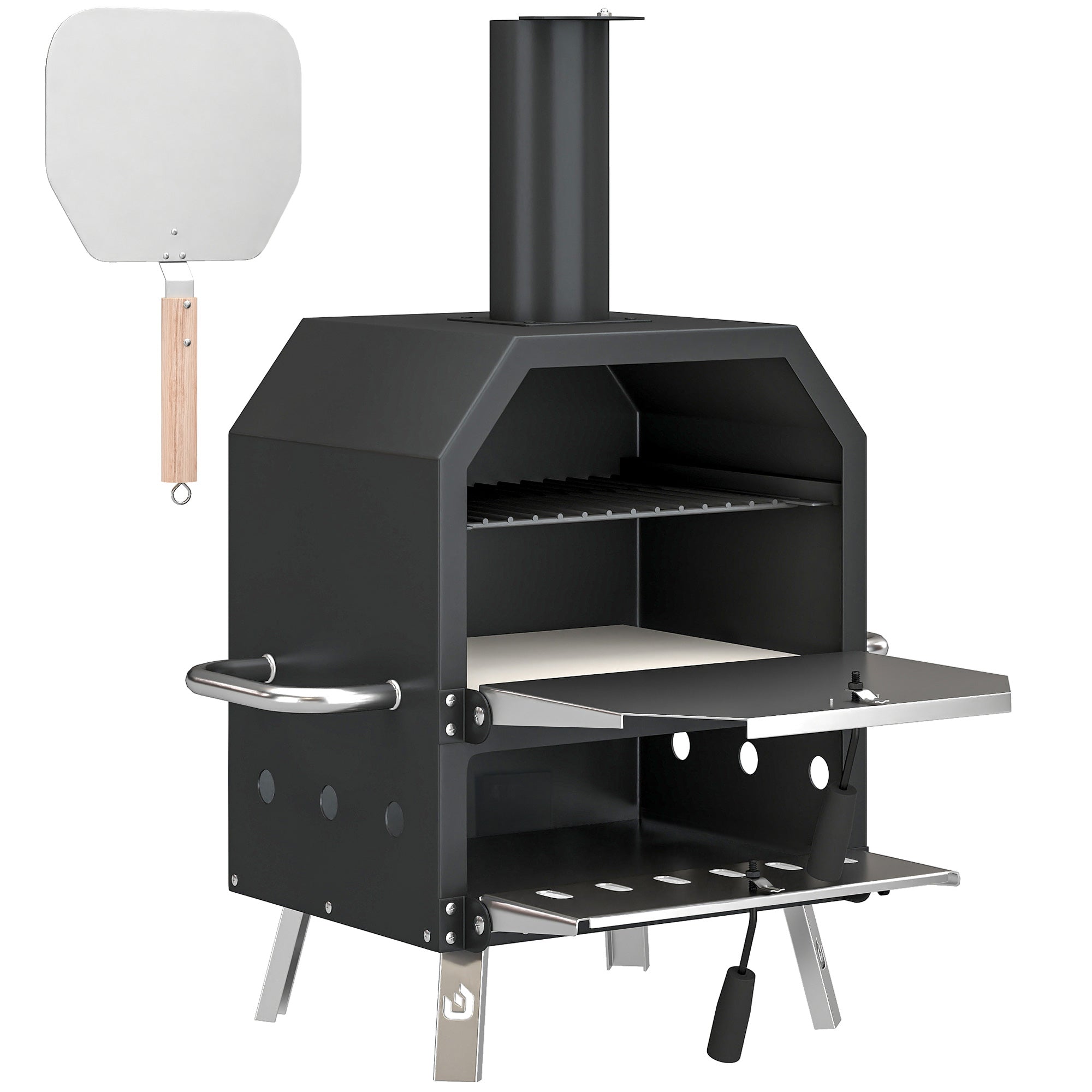Outdoor Wood-Fired Pizza Oven, Stainless Steel, 2-Tier with 1 cm Thick Pizza Stone, Folding Legs & Pizza Peel – Portable for Camping, Garden, Parties
