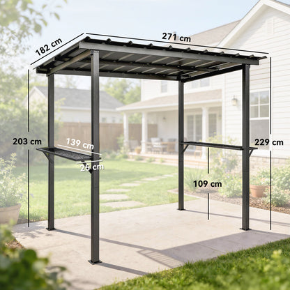BBQ Pavilion 8 ft 11 in x 6 ft 0 in Garden Gazebo with Lean-to Roof, Side Shelves, UPF50+ Protection, Black