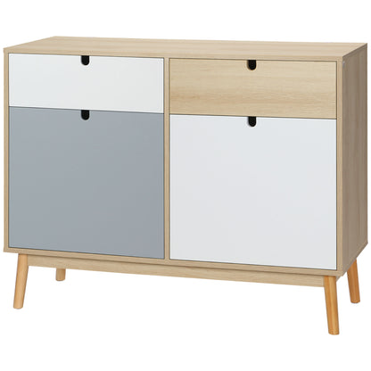 Sideboard Storage Cabinet with 2 Closed Cabinets and 2 Drawers Raised Pine Wood Legs for Kitchen Bedroom Entryway 100x40x79.5 cm Multicolor