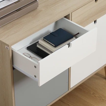 Sideboard Storage Cabinet with 2 Closed Cabinets and 2 Drawers Raised Pine Wood Legs for Kitchen Bedroom Entryway 100x40x79.5 cm Multicolor