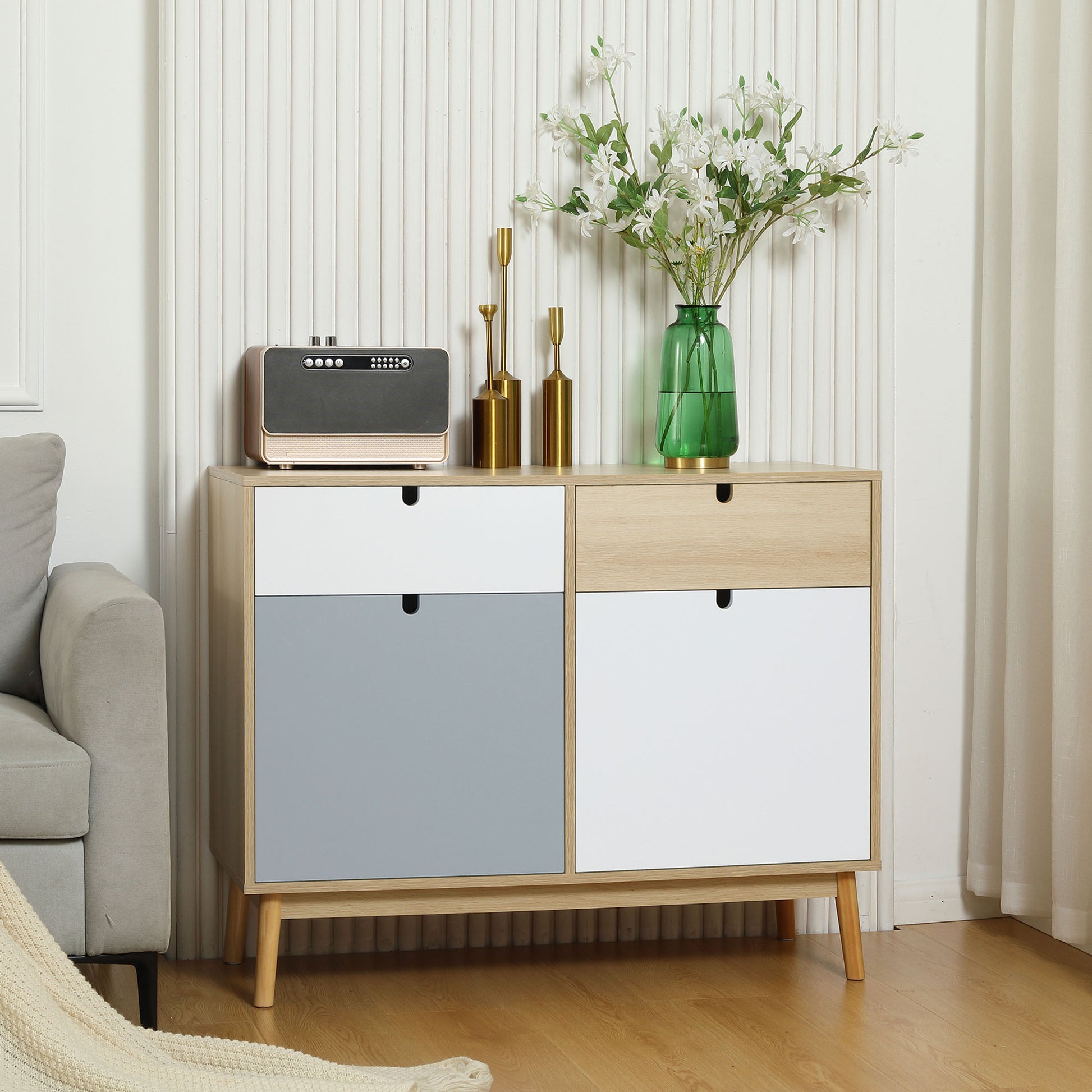 Sideboard Storage Cabinet with 2 Closed Cabinets and 2 Drawers Raised Pine Wood Legs for Kitchen Bedroom Entryway 100x40x79.5 cm Multicolor