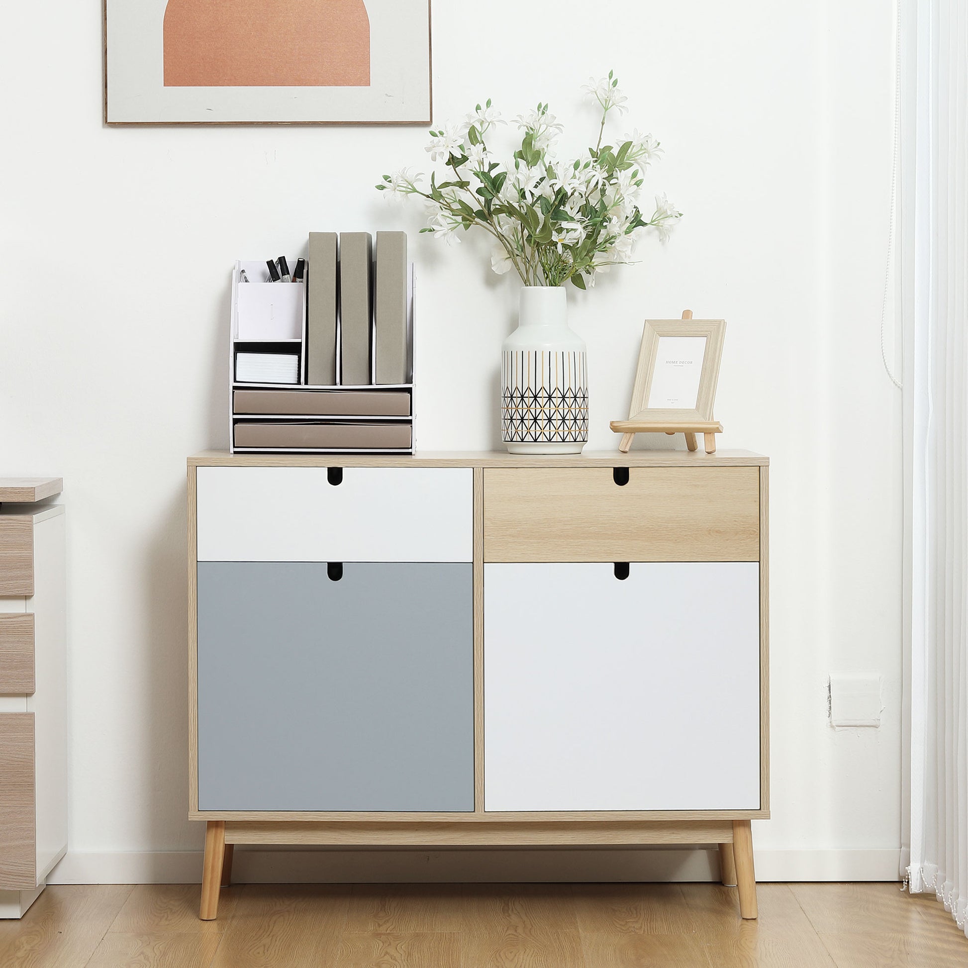 Sideboard Storage Cabinet with 2 Closed Cabinets and 2 Drawers Raised Pine Wood Legs for Kitchen Bedroom Entryway 100x40x79.5 cm Multicolor