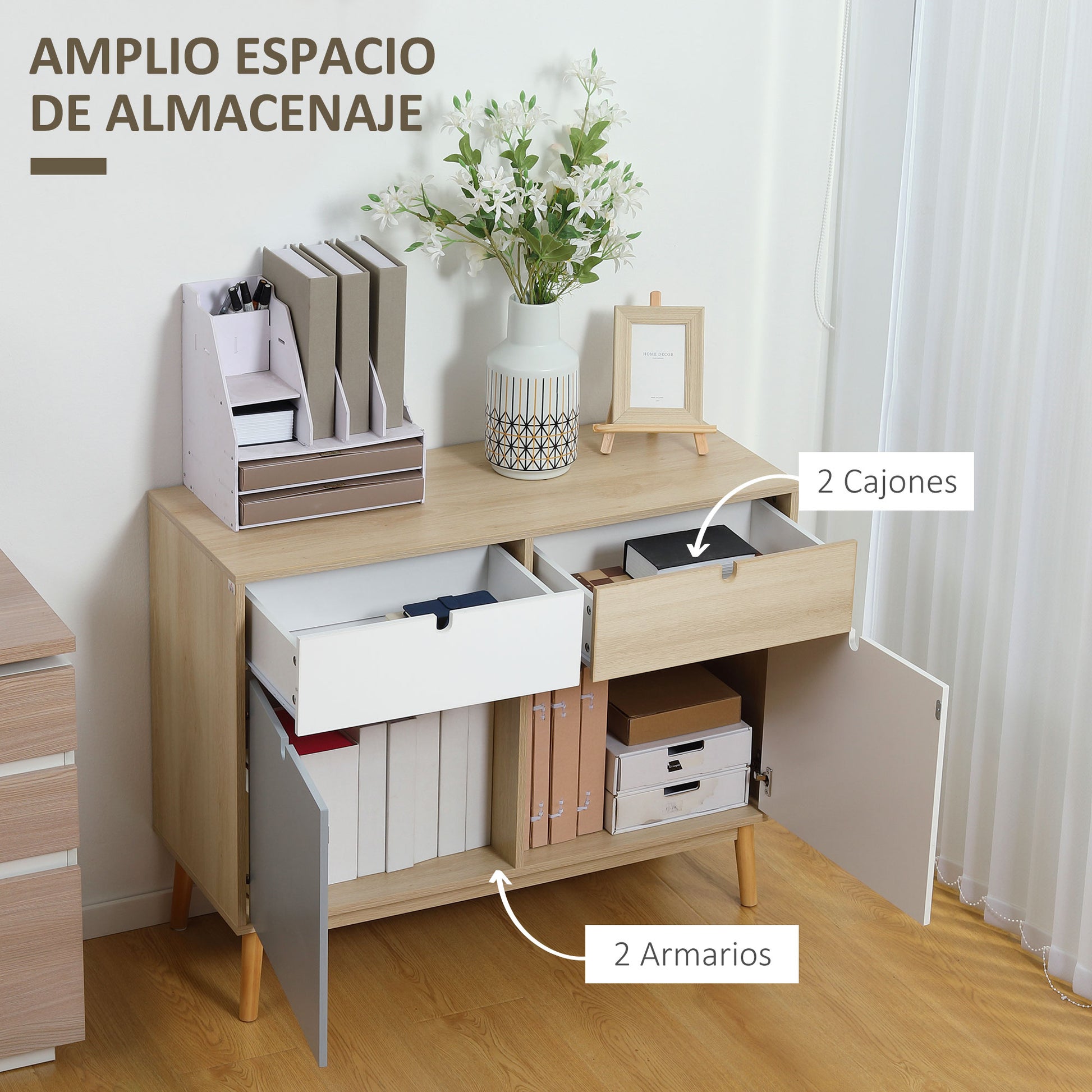 Sideboard Storage Cabinet with 2 Closed Cabinets and 2 Drawers Raised Pine Wood Legs for Kitchen Bedroom Entryway 100x40x79.5 cm Multicolor