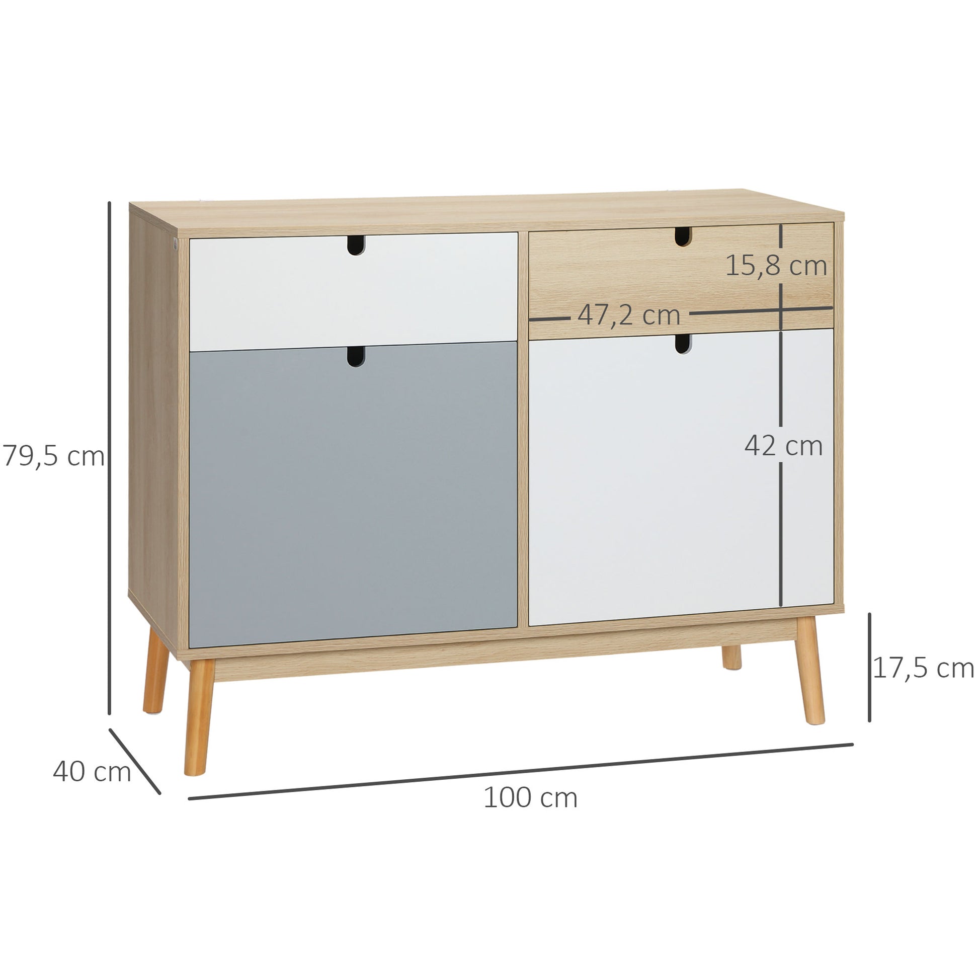 Sideboard Storage Cabinet with 2 Closed Cabinets and 2 Drawers Raised Pine Wood Legs for Kitchen Bedroom Entryway 100x40x79.5 cm Multicolor