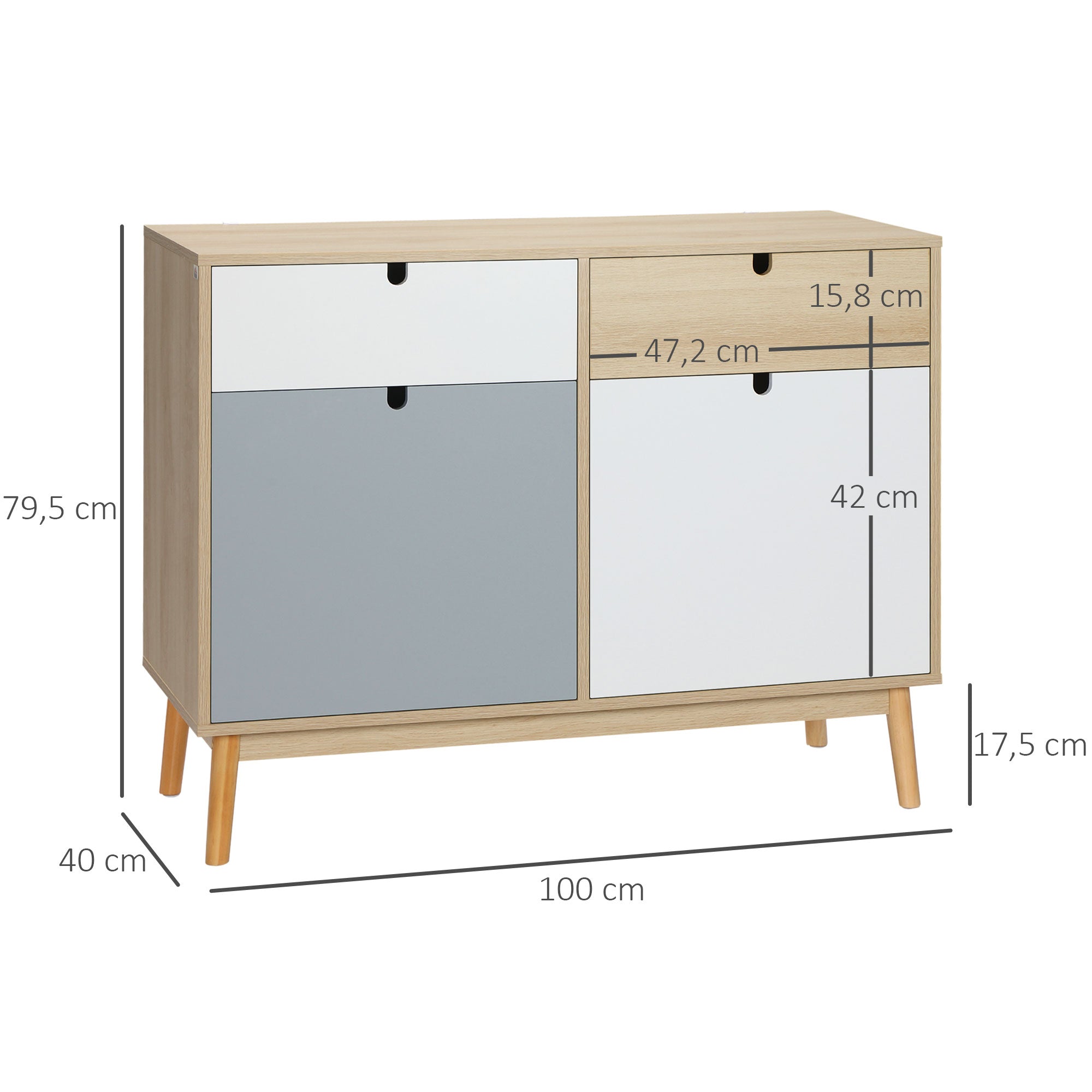 Sideboard Storage Cabinet with 2 Closed Cabinets and 2 Drawers Raised Pine Wood Legs for Kitchen Bedroom Entryway 100x40x79.5 cm Multicolor
