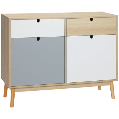 Sideboard Storage Cabinet with 2 Closed Cabinets and 2 Drawers Raised Pine Wood Legs for Kitchen Bedroom Entryway 100x40x79.5 cm Multicolor