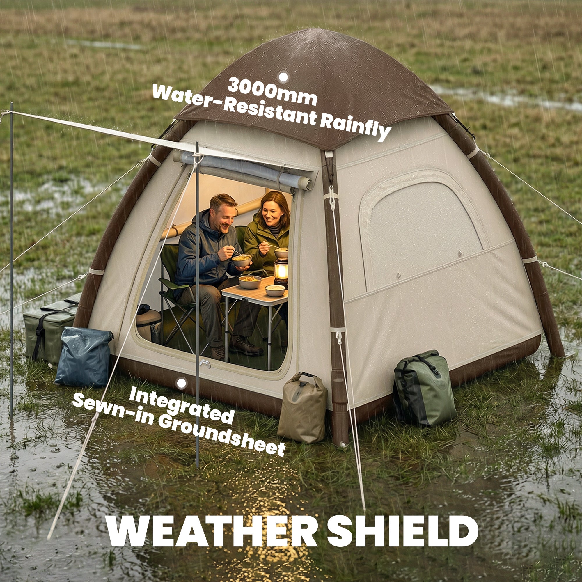 Inflatable 3-Person Air Tent with 2-Min Setup, High Ceilings, Removable Rainfly, Mesh Roof & Awning — 3000 mm Waterproof Glamping Tent
