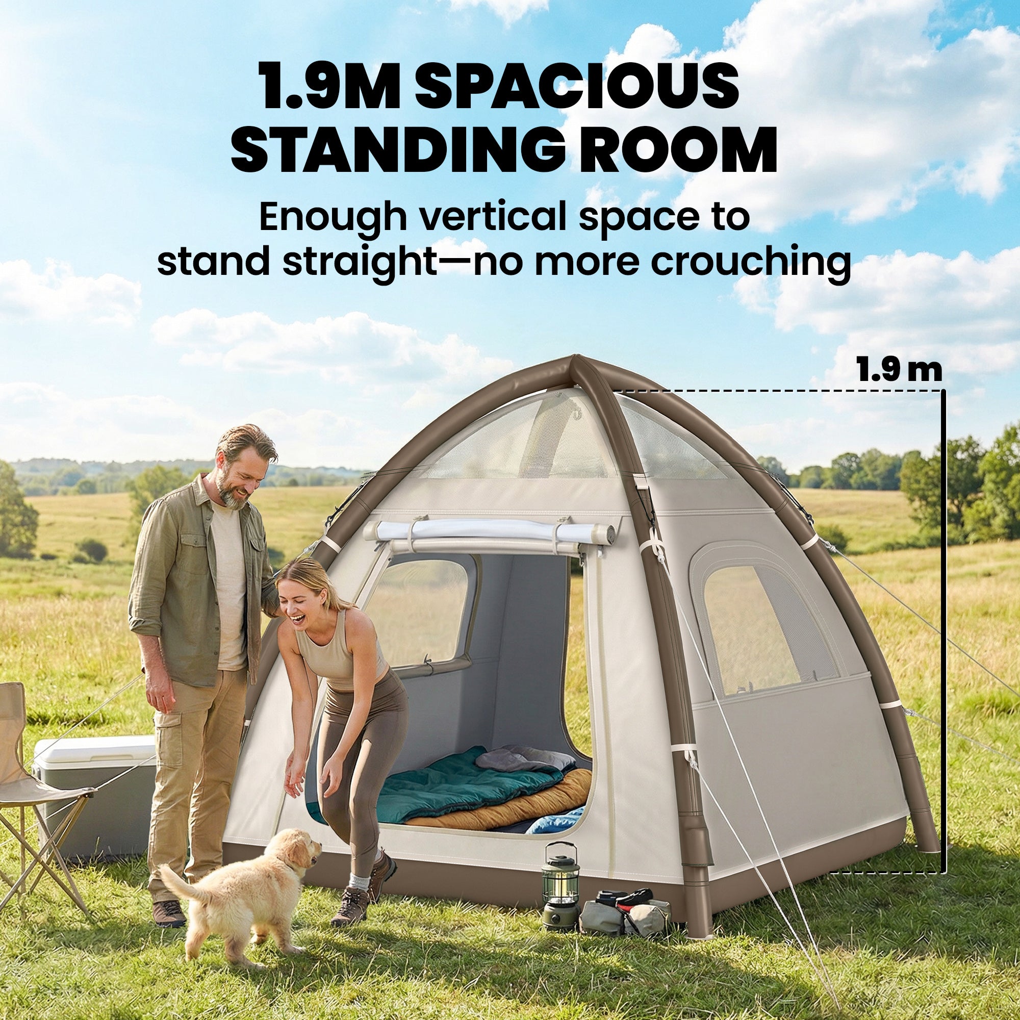 Inflatable 3-Person Air Tent with 2-Min Setup, High Ceilings, Removable Rainfly, Mesh Roof & Awning — 3000 mm Waterproof Glamping Tent