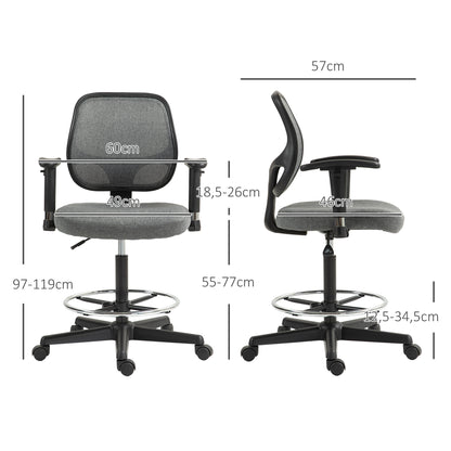 Office Chair High Stool with Adjustable Seat, Armrests, dim. 60W x 57D x 97-119H cm on Wheels, Gray