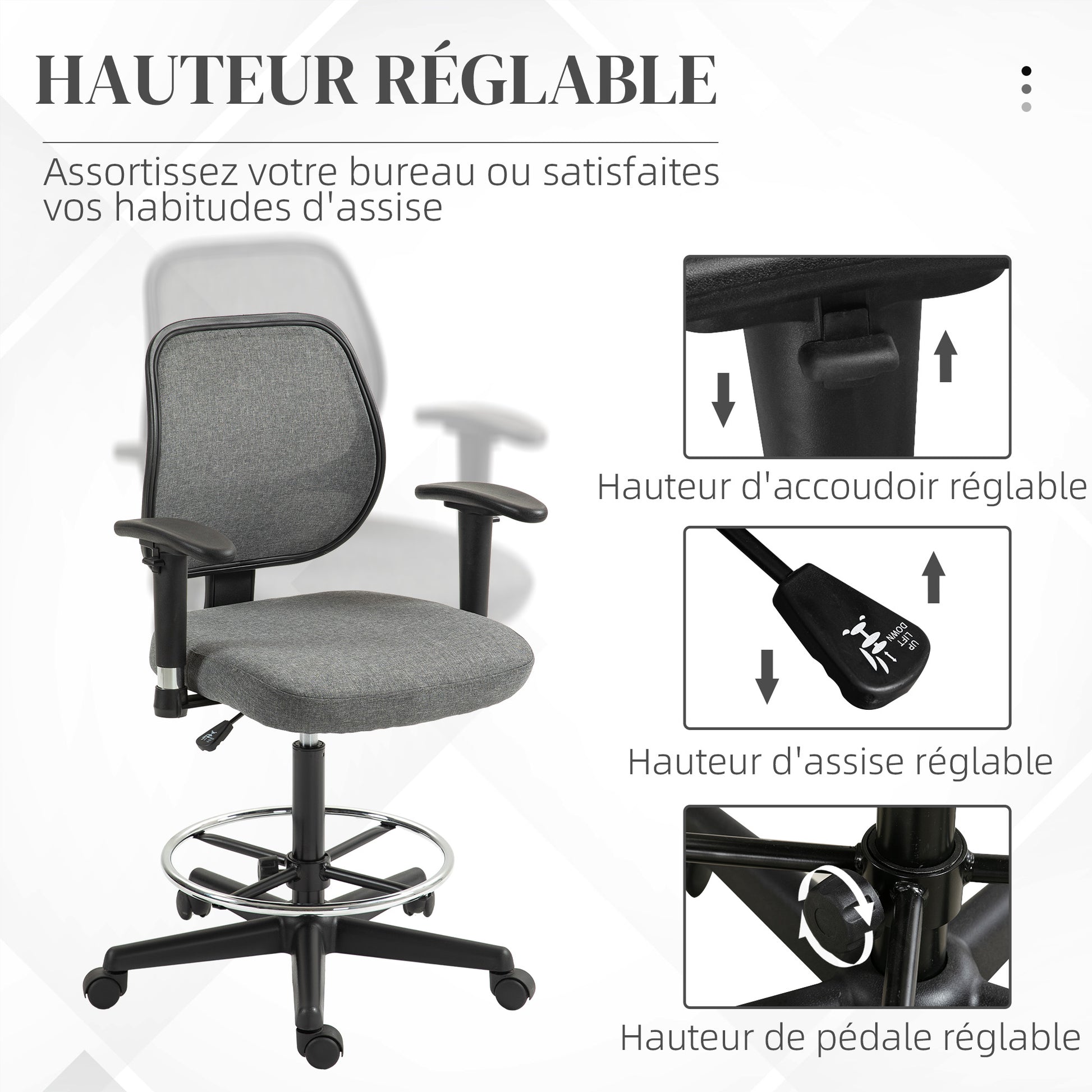 Office Chair High Stool with Adjustable Seat, Armrests, dim. 60W x 57D x 97-119H cm on Wheels, Gray