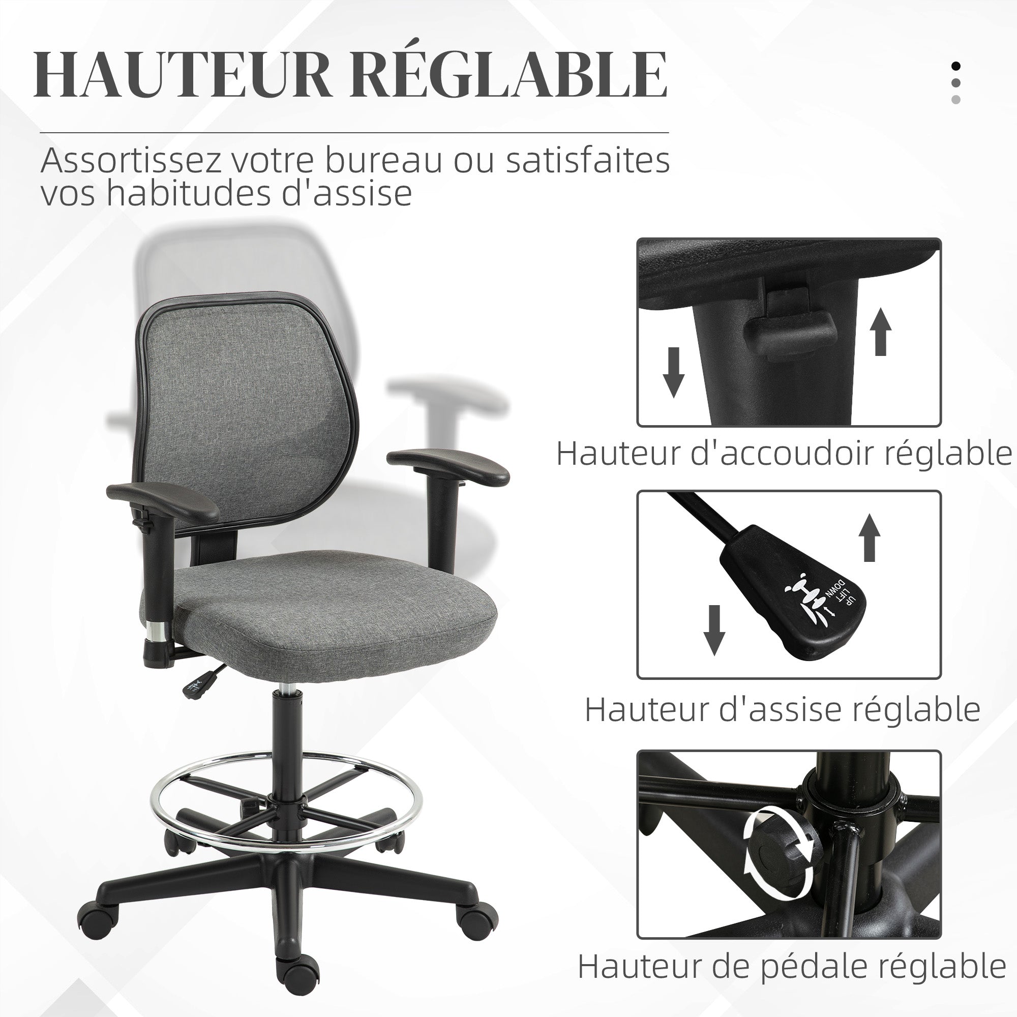Office Chair High Stool with Adjustable Seat, Armrests, dim. 60W x 57D x 97-119H cm on Wheels, Gray