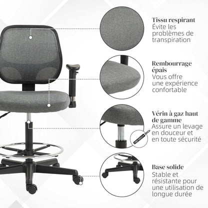 Office Chair High Stool with Adjustable Seat, Armrests, dim. 60W x 57D x 97-119H cm on Wheels, Gray