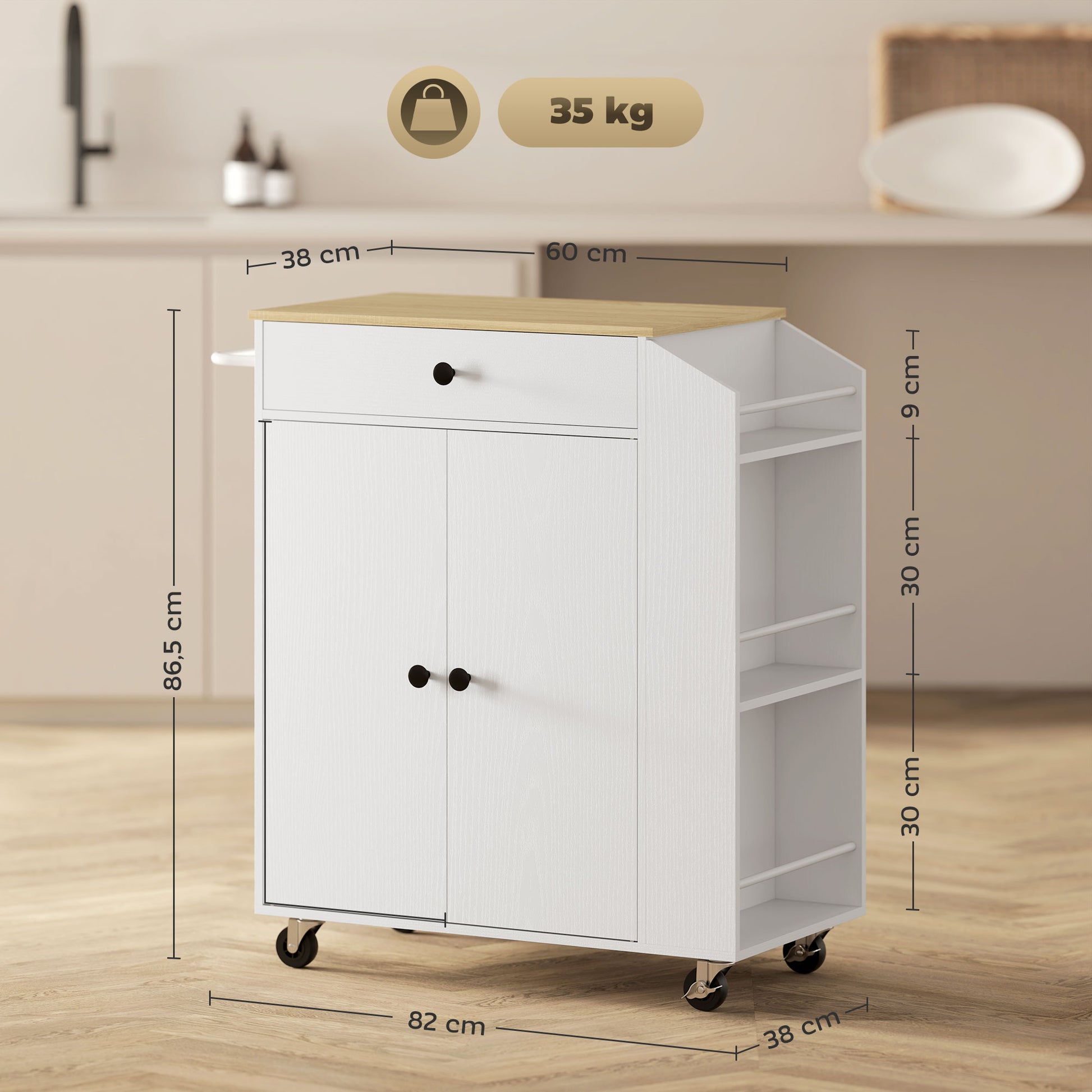 Kitchen Island Kitchen Trolley on Wheels with Worktop, Kitchen Cabinet with Drawer, Spice Rack, Shelf, Towel Holder, Serving Trolley Cart for Kitchen and Dining Room 82 x 38 x 86.5 cm White