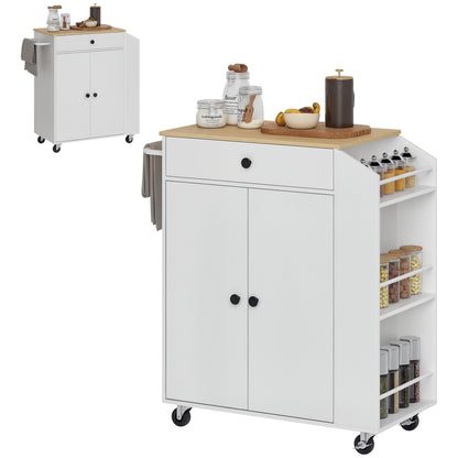 Kitchen Island Kitchen Trolley on Wheels with Worktop, Kitchen Cabinet with Drawer, Spice Rack, Shelf, Towel Holder, Serving Trolley Cart for Kitchen and Dining Room 82 x 38 x 86.5 cm White