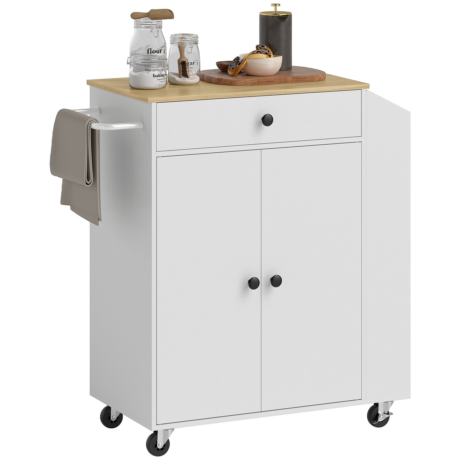 Kitchen Island Kitchen Trolley on Wheels with Worktop, Kitchen Cabinet with Drawer, Spice Rack, Shelf, Towel Holder, Serving Trolley Cart for Kitchen and Dining Room 82 x 38 x 86.5 cm White