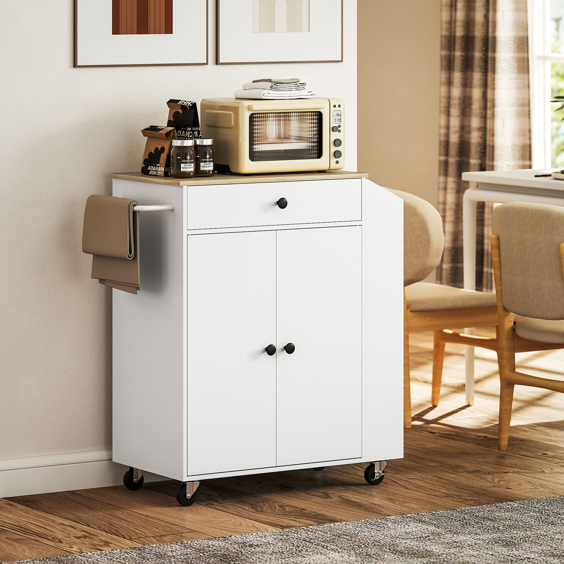 Kitchen Island Kitchen Trolley on Wheels with Worktop, Kitchen Cabinet with Drawer, Spice Rack, Shelf, Towel Holder, Serving Trolley Cart for Kitchen and Dining Room 82 x 38 x 86.5 cm White