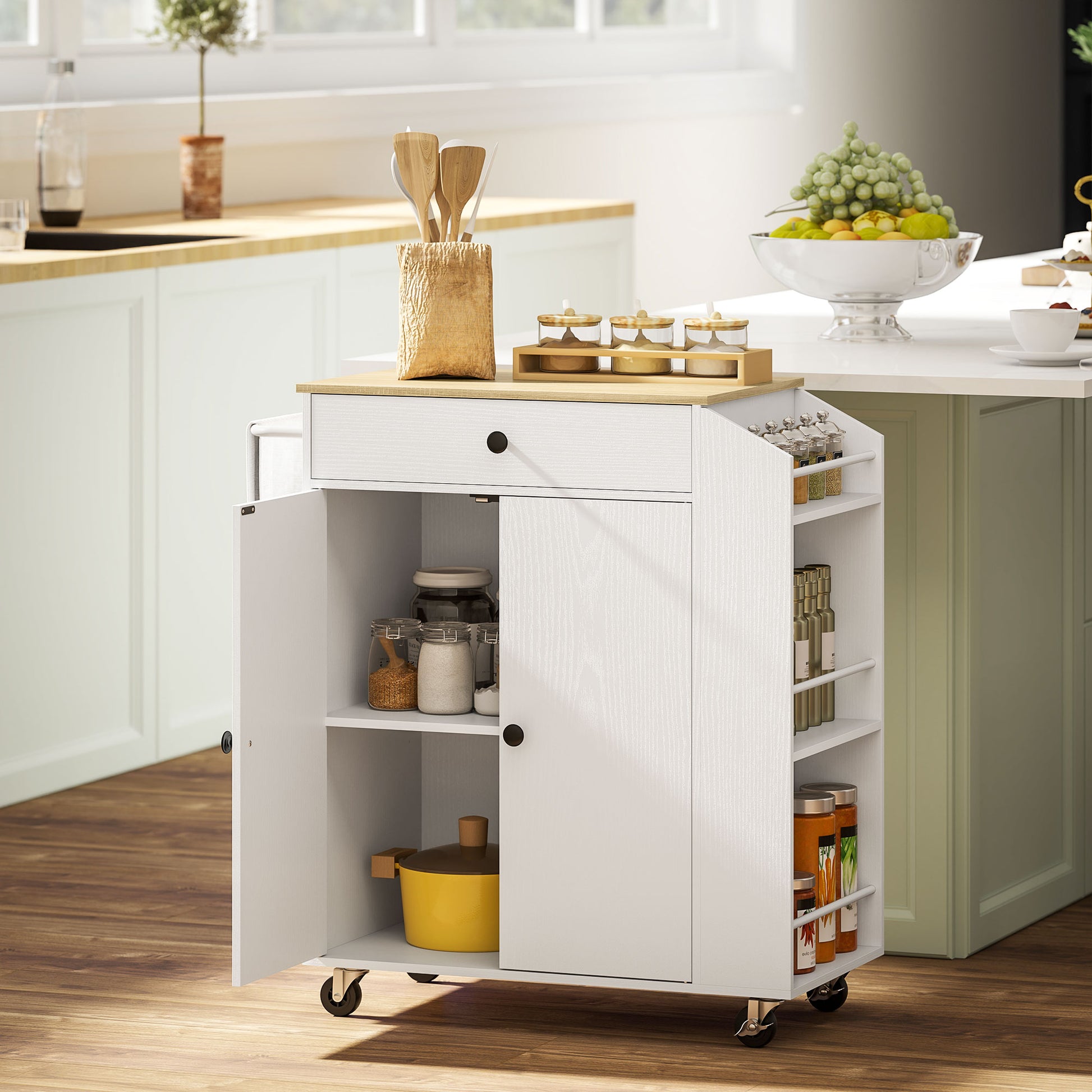 Kitchen Island Kitchen Trolley on Wheels with Worktop, Kitchen Cabinet with Drawer, Spice Rack, Shelf, Towel Holder, Serving Trolley Cart for Kitchen and Dining Room 82 x 38 x 86.5 cm White