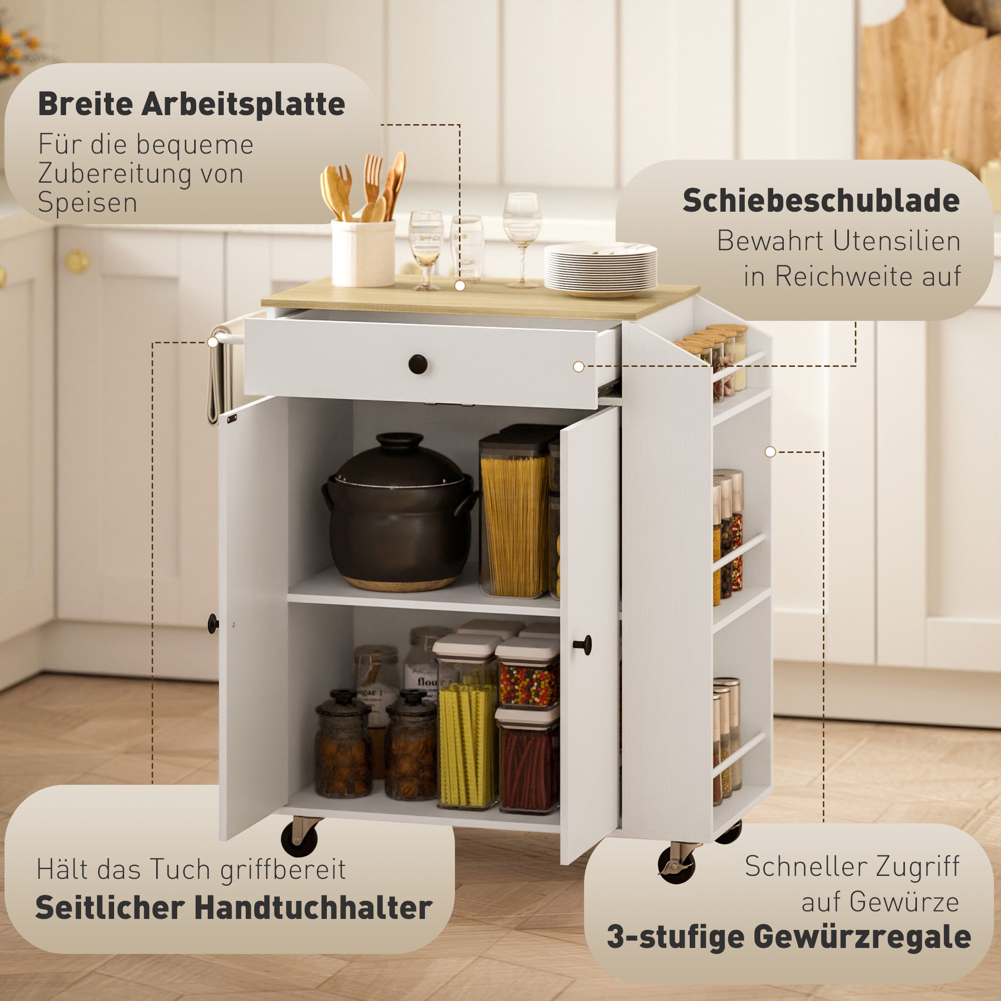 Kitchen Island Kitchen Trolley on Wheels with Worktop, Kitchen Cabinet with Drawer, Spice Rack, Shelf, Towel Holder, Serving Trolley Cart for Kitchen and Dining Room 82 x 38 x 86.5 cm White