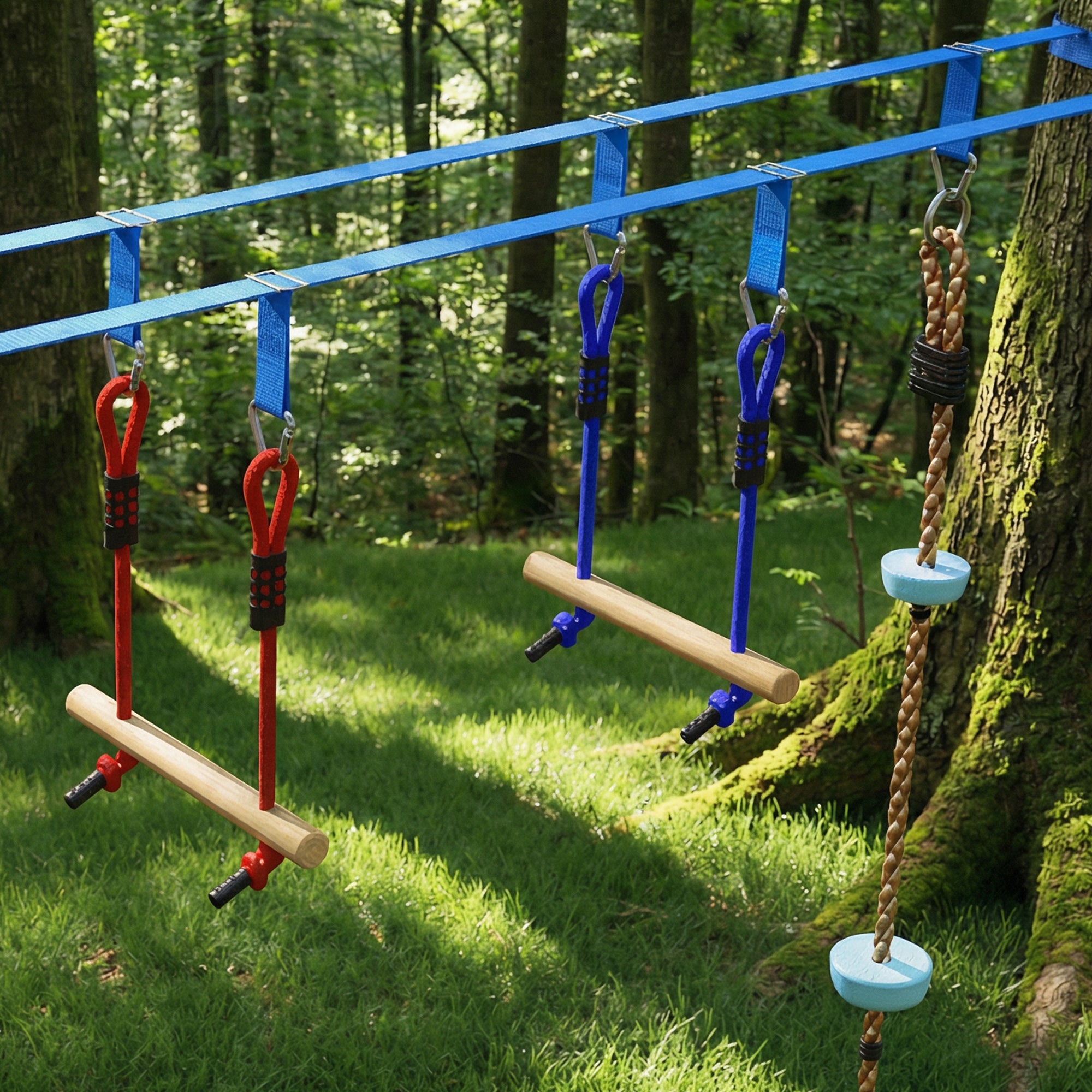 Kids Ninja Line 24 m Slackline Set with Gym Rings, 7 Obstacles, Climbing Bar & Balance Bridge — Obstacle Course for Ages 3–6 (Red/Blue)