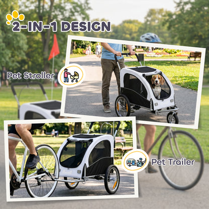 2-in-1 Dog Bike Trailer & Jogger for Small to Medium Dogs up to 44 lb — Foldable, 600D Oxford, Reflectors, Handbrake, Universal Coupling, White