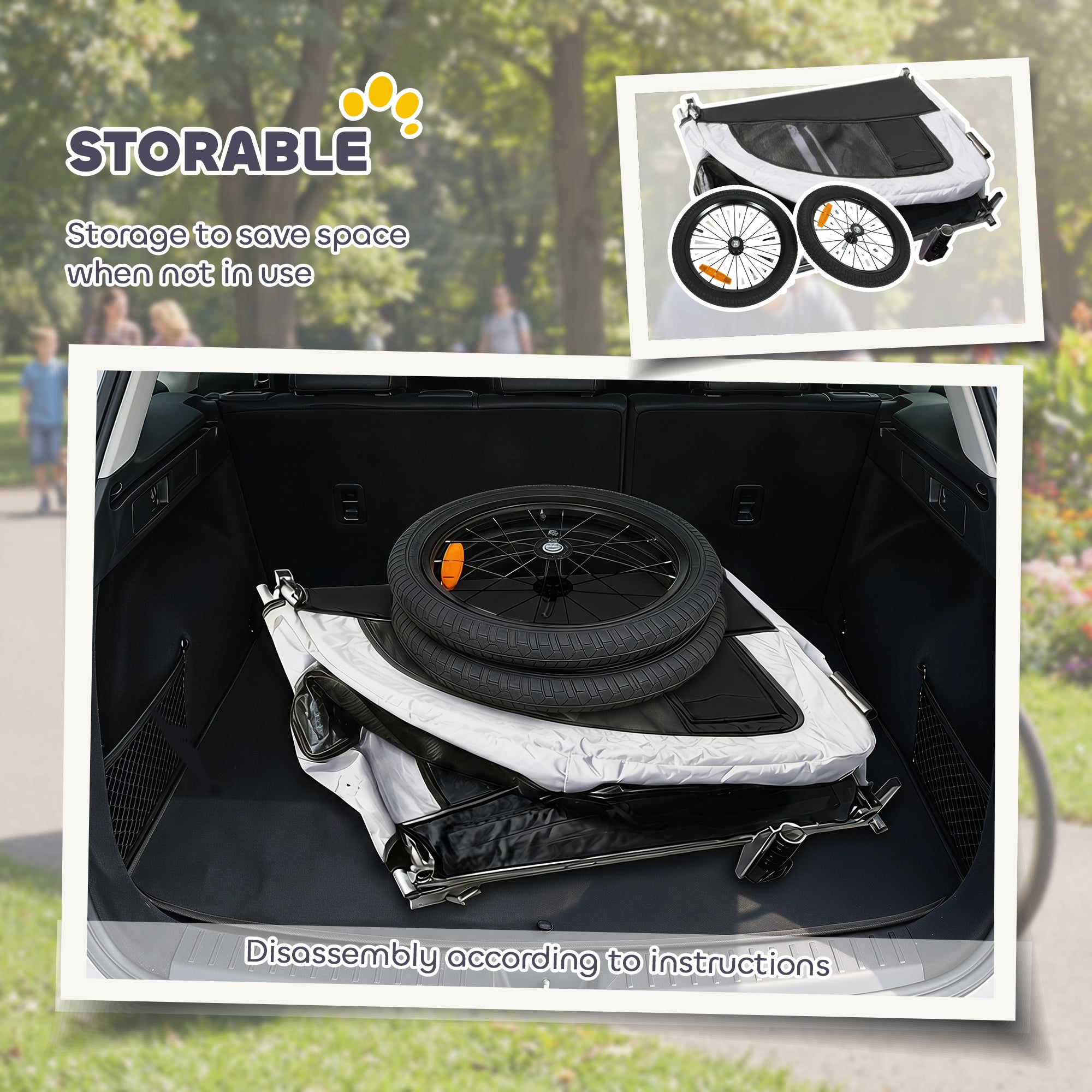 2-in-1 Dog Bike Trailer & Jogger for Small to Medium Dogs up to 44 lb — Foldable, 600D Oxford, Reflectors, Handbrake, Universal Coupling, White