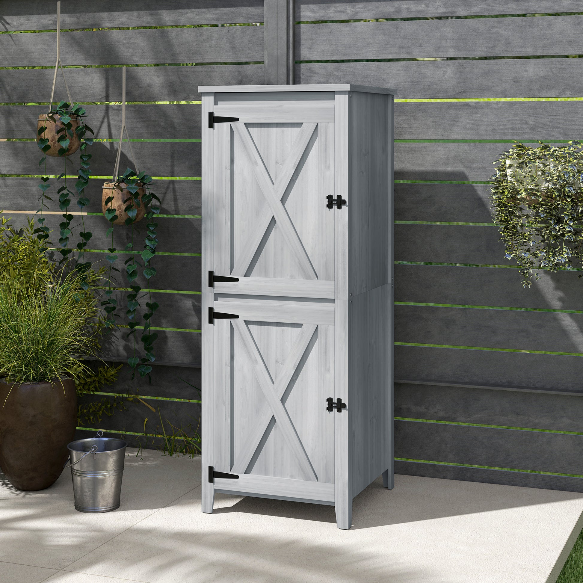 Garden Cabinet Wood, Weatherproof Tool Shed, 60x60x160cm, Tool House with Double Door, Shelves, Lockable Tool Cabinet Garden Shed for Garden, Terrace, Light Gray