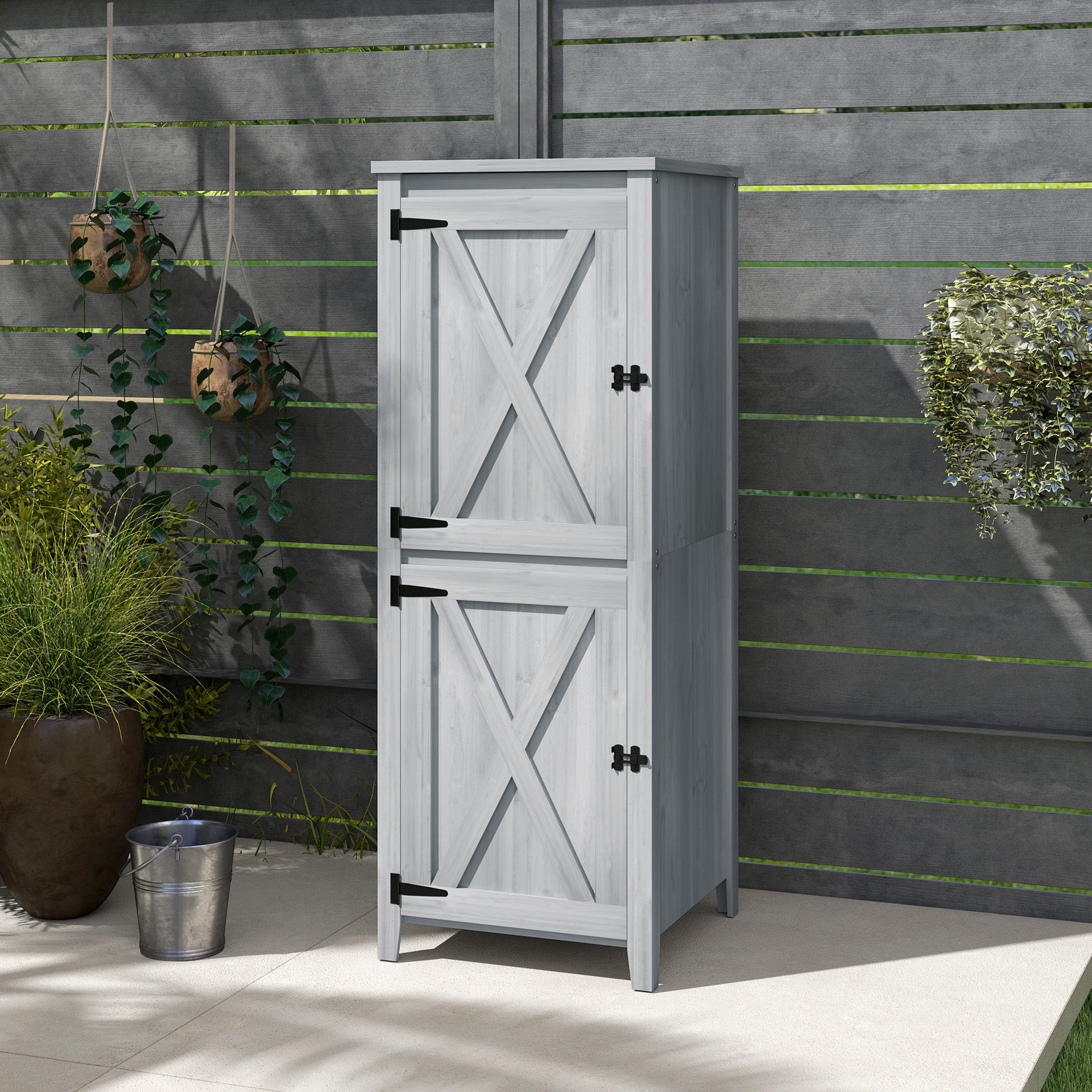 Garden Cabinet Wood, Weatherproof Tool Shed, 60x60x160cm, Tool House with Double Door, Shelves, Lockable Tool Cabinet Garden Shed for Garden, Terrace, Light Gray