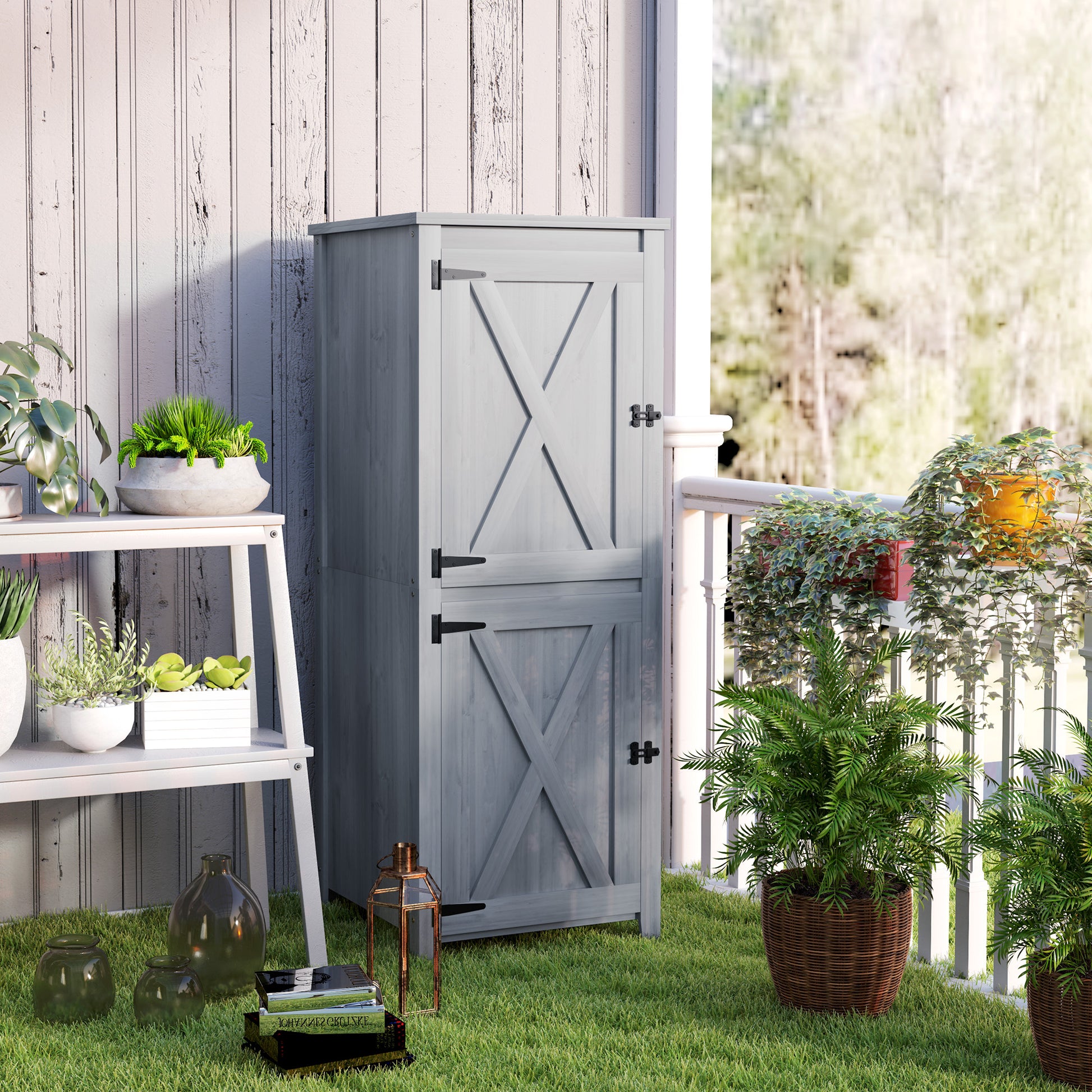 Garden Cabinet Wood, Weatherproof Tool Shed, 60x60x160cm, Tool House with Double Door, Shelves, Lockable Tool Cabinet Garden Shed for Garden, Terrace, Light Gray