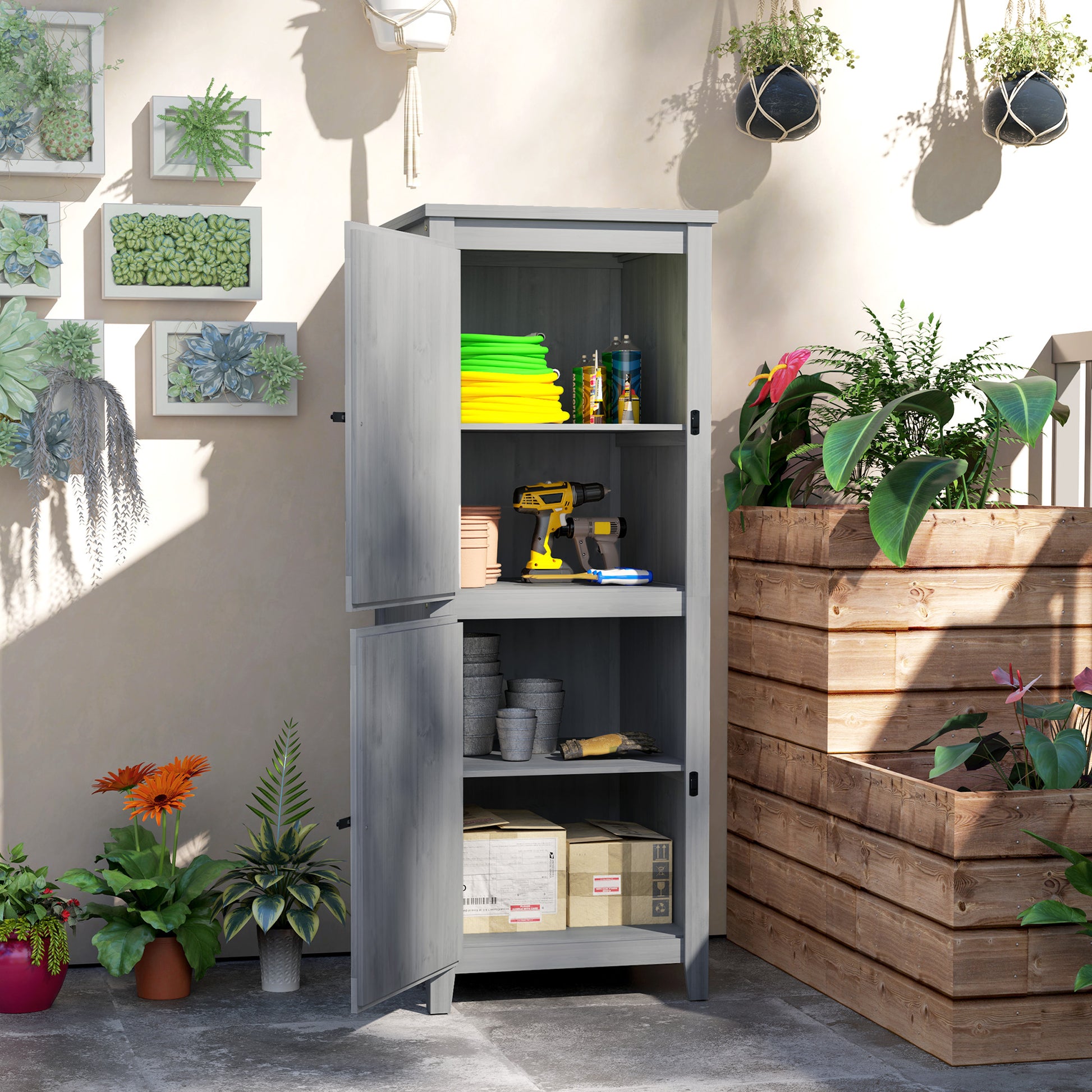 Garden Cabinet Wood, Weatherproof Tool Shed, 60x60x160cm, Tool House with Double Door, Shelves, Lockable Tool Cabinet Garden Shed for Garden, Terrace, Light Gray