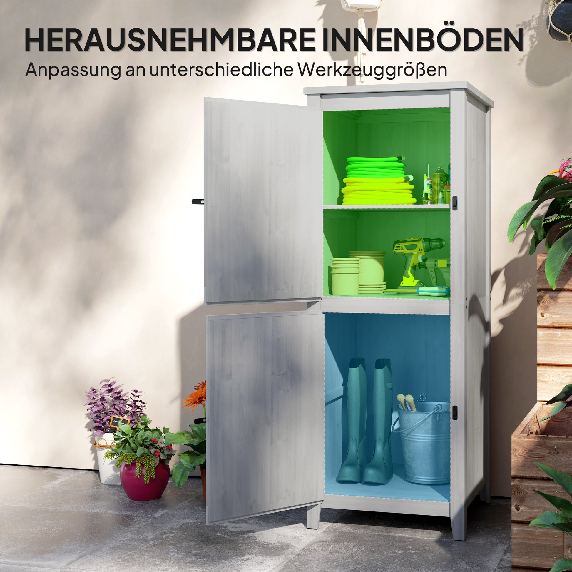 Garden Cabinet Wood, Weatherproof Tool Shed, 60x60x160cm, Tool House with Double Door, Shelves, Lockable Tool Cabinet Garden Shed for Garden, Terrace, Light Gray