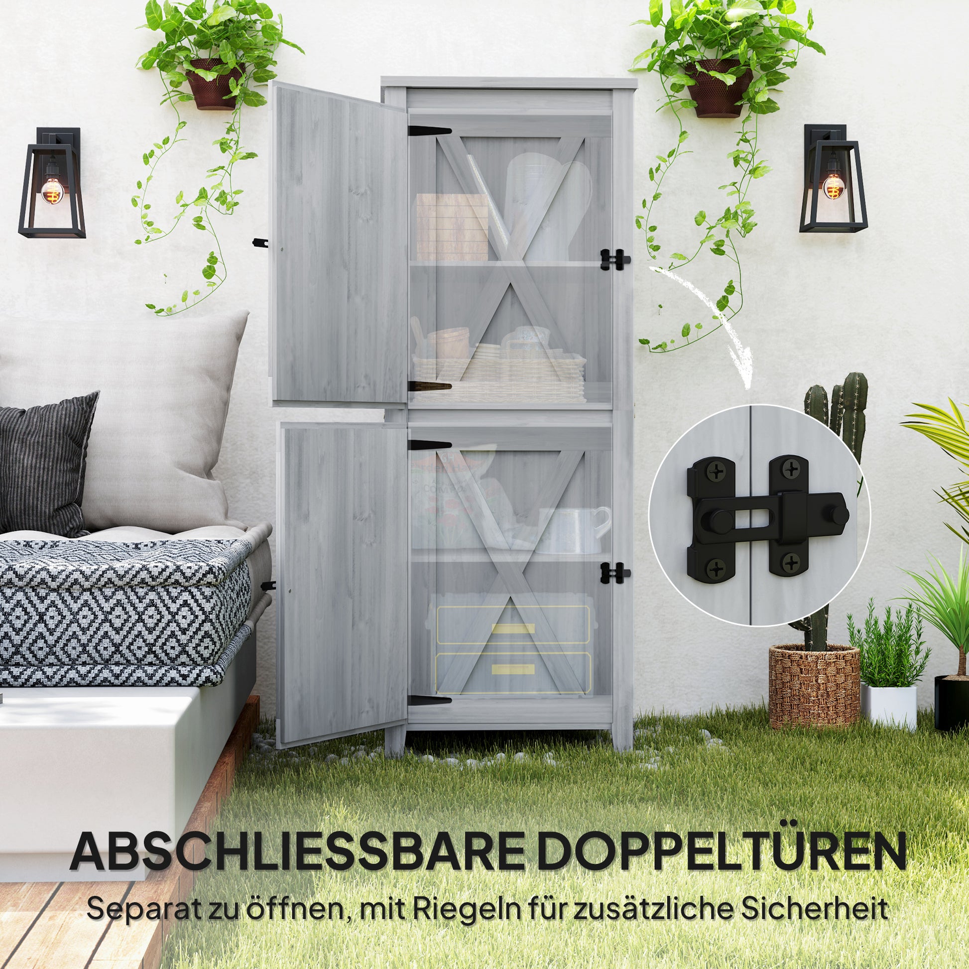 Garden Cabinet Wood, Weatherproof Tool Shed, 60x60x160cm, Tool House with Double Door, Shelves, Lockable Tool Cabinet Garden Shed for Garden, Terrace, Light Gray