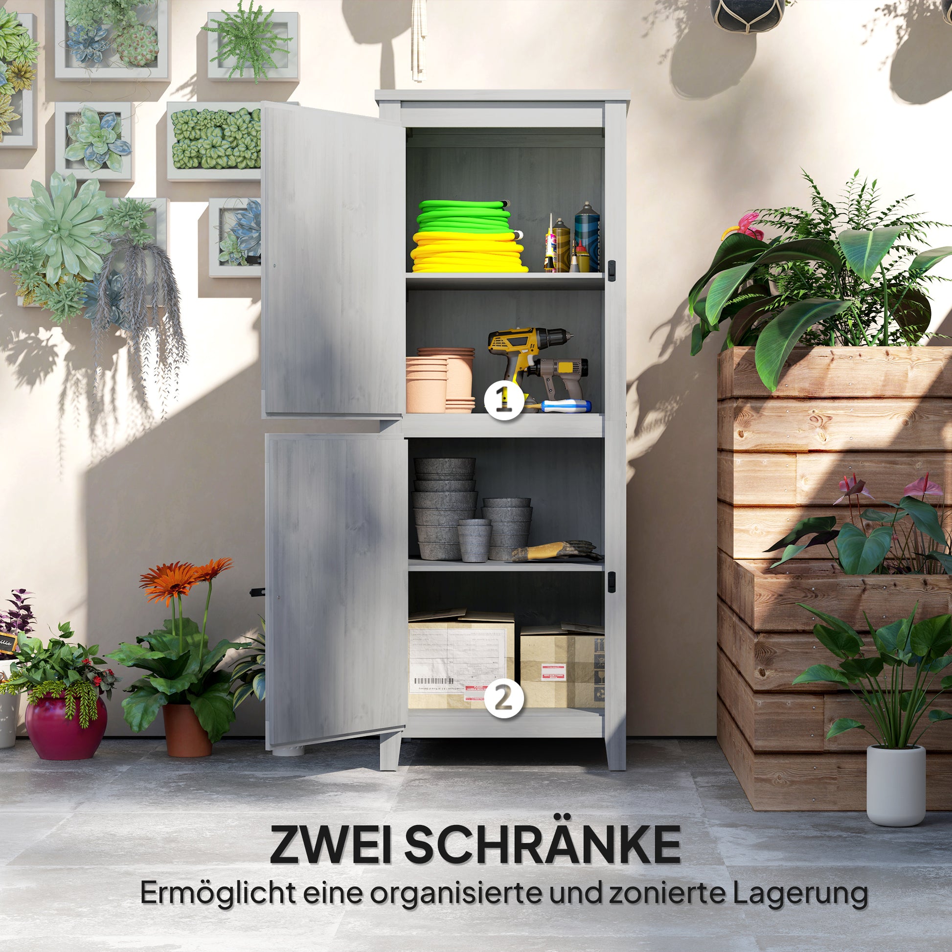 Garden Cabinet Wood, Weatherproof Tool Shed, 60x60x160cm, Tool House with Double Door, Shelves, Lockable Tool Cabinet Garden Shed for Garden, Terrace, Light Gray