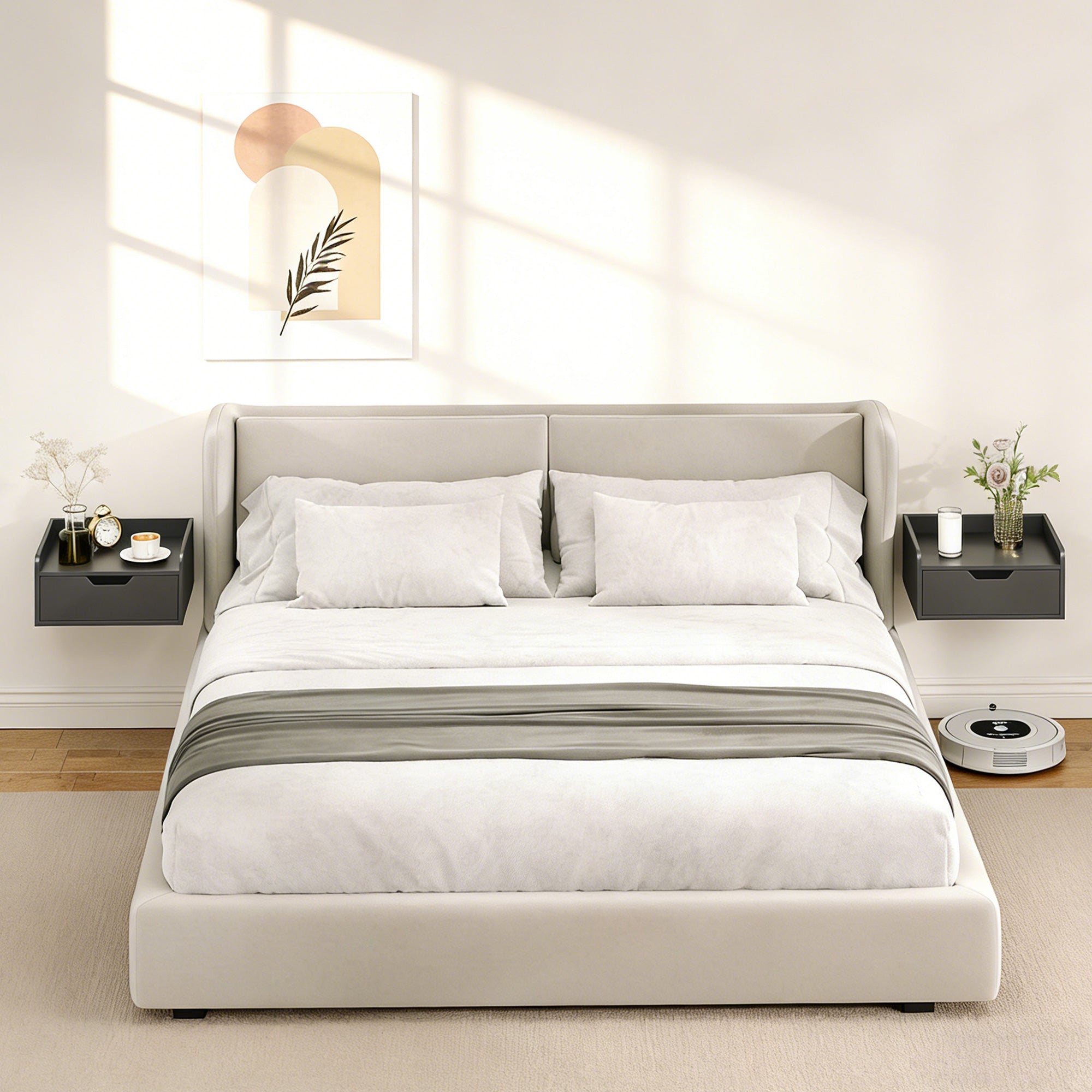 Set of 2 Floating Wall Nightstands with Sliding Drawer & Top Shelf, Black — 15.7 x 11.8 x 7.7 in (40 x 30 x 19.5 cm)