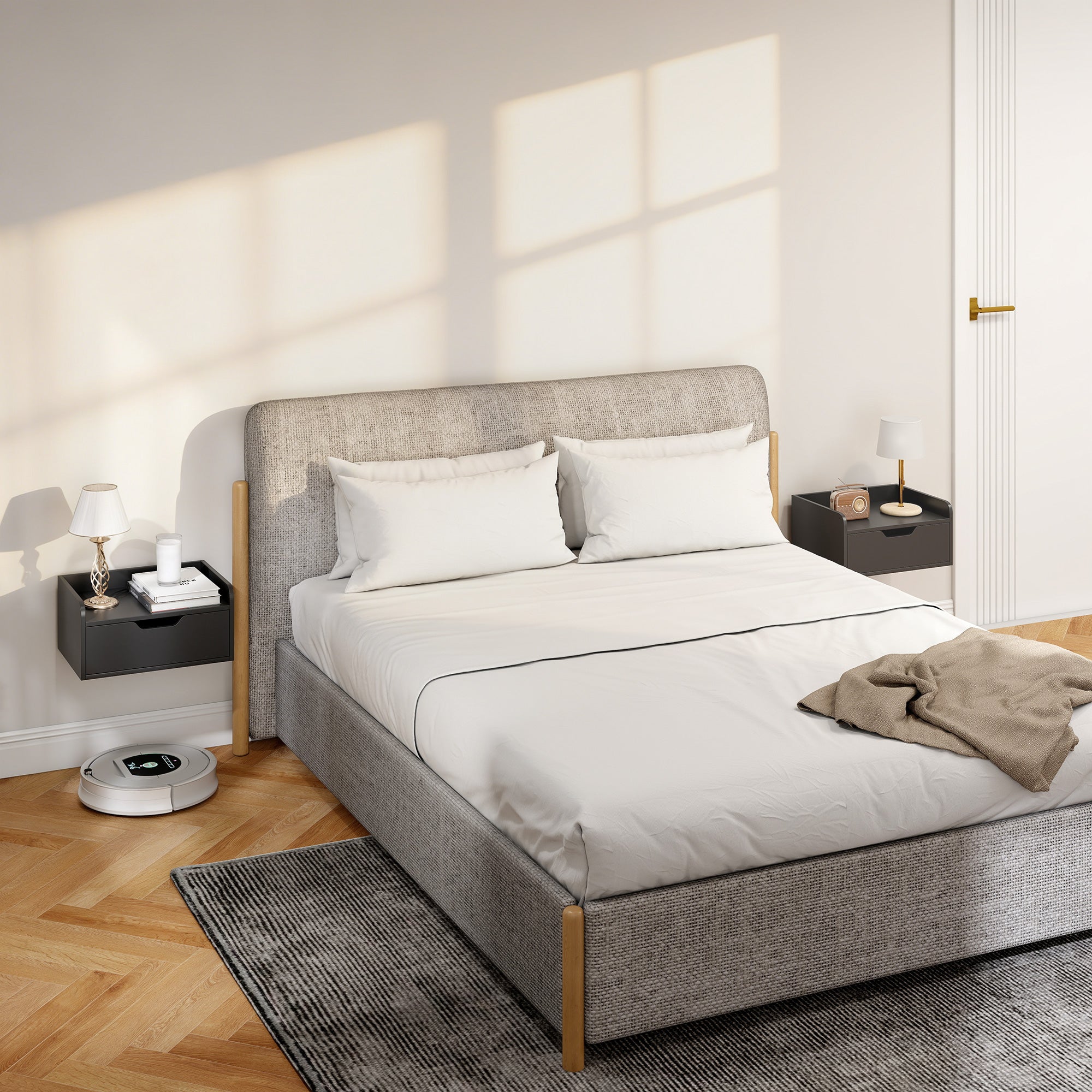 Set of 2 Floating Wall Nightstands with Sliding Drawer & Top Shelf, Black — 15.7 x 11.8 x 7.7 in (40 x 30 x 19.5 cm)