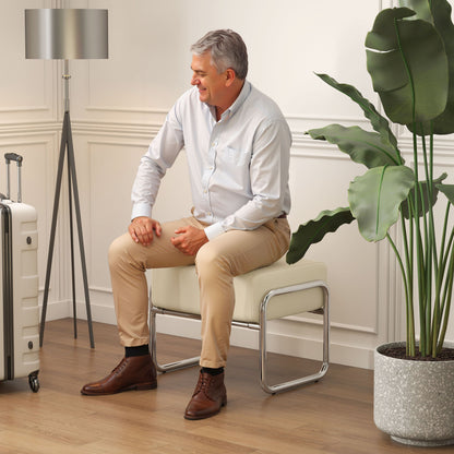 Thick Padded Footstool with Steel Legs, Chenille Upholstery for Bedroom & Living Room, Beige