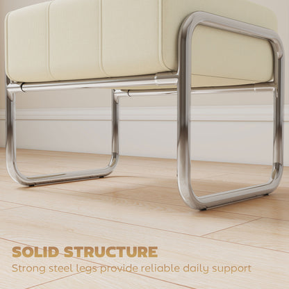 Thick Padded Footstool with Steel Legs, Chenille Upholstery for Bedroom & Living Room, Beige