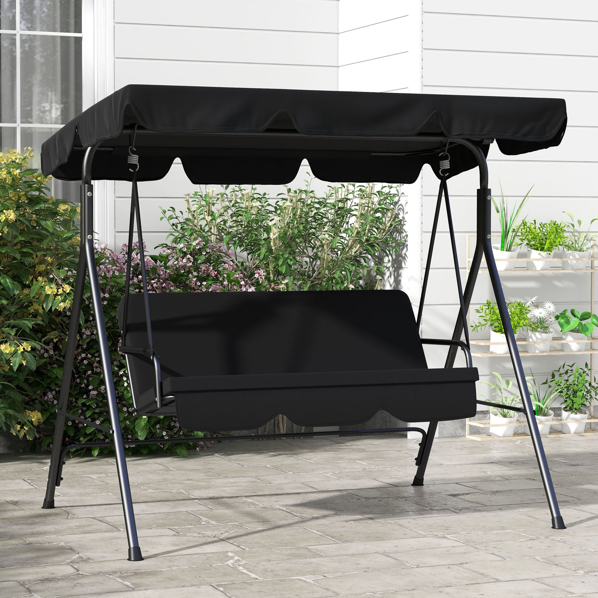 Hollywood Swing with Adjustable Sun Canopy, 3-Seater Garden Swing with Anti-Slip Feet, Water-Resistant Swing Bench for Garden, 172x110x153cm, Black