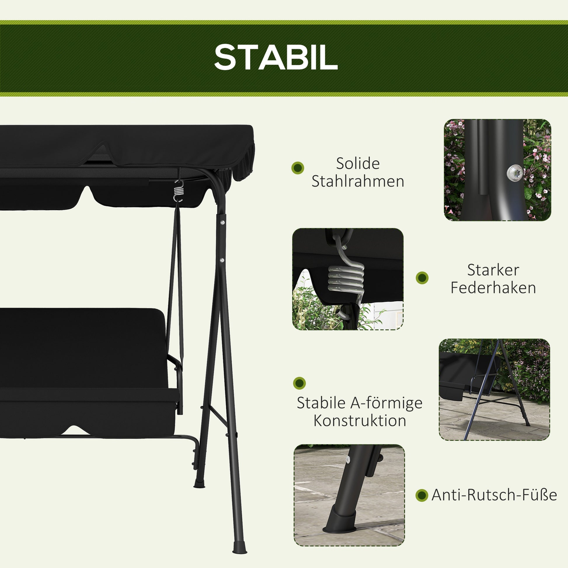 Hollywood Swing with Adjustable Sun Canopy, 3-Seater Garden Swing with Anti-Slip Feet, Water-Resistant Swing Bench for Garden, 172x110x153cm, Black